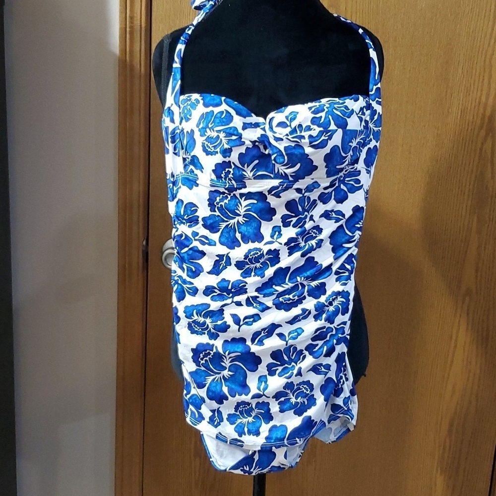 Lauren Ralph Lauren blue floral one piece with skirt swimsuit